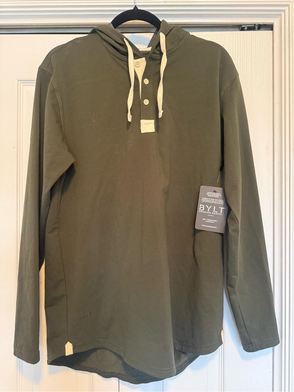 BYLT Basics Olive Hooded Henley with Cream Details
